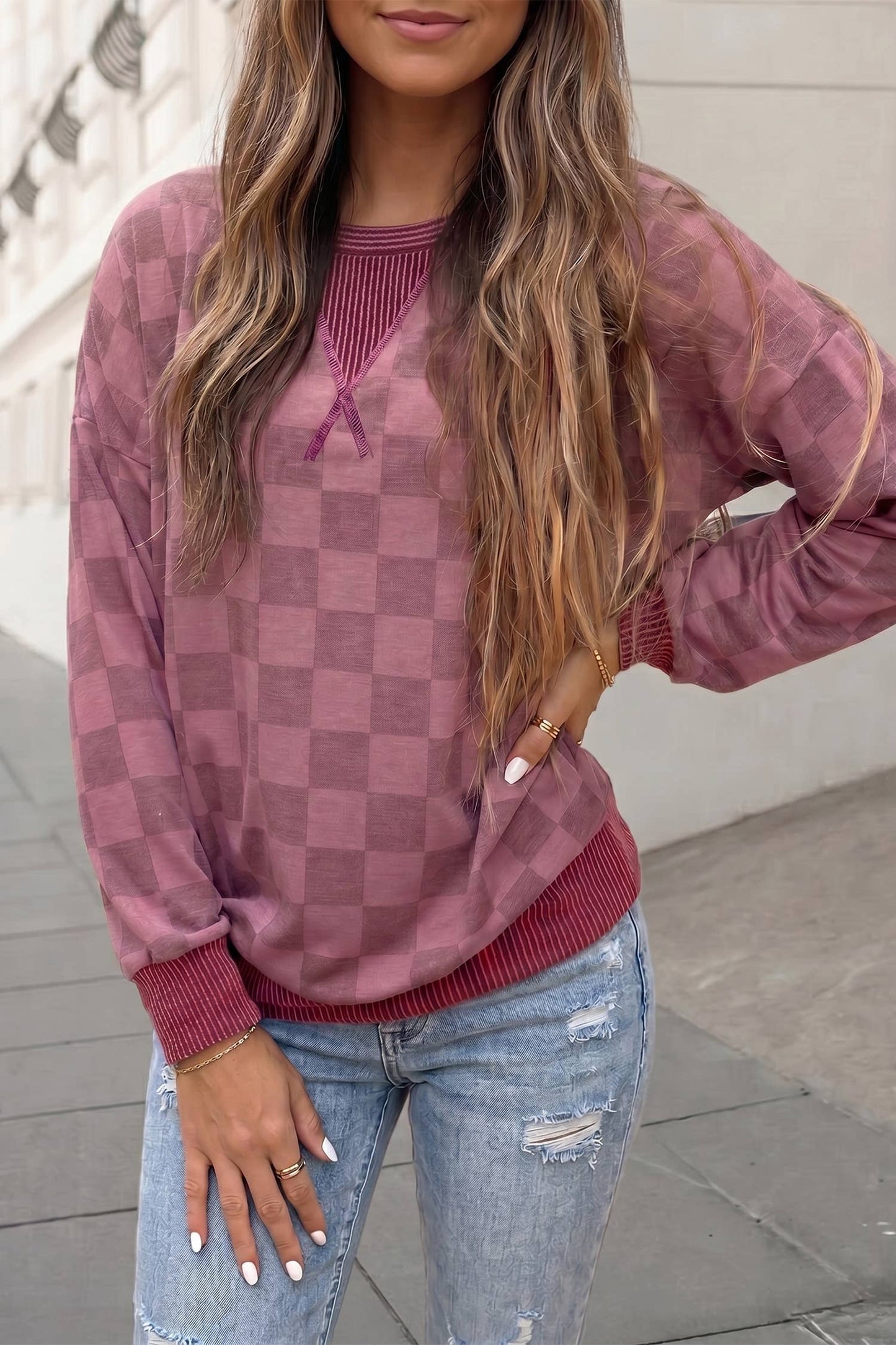 Checkered Print Ribbed Detail Long Sleeve Shift Top | S-XL: Red / M