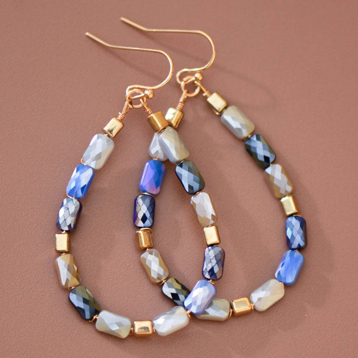 Teardrop Wire Beaded Glass Crystal Earrings - 8181: S0OX3T8181 Blue Mix