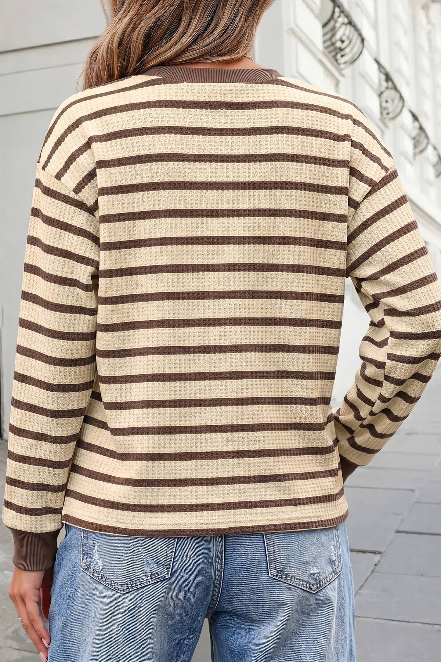 Striped Print Ribbed Cuff Casual Pullover Top | S-XL: Brown Stripe / M