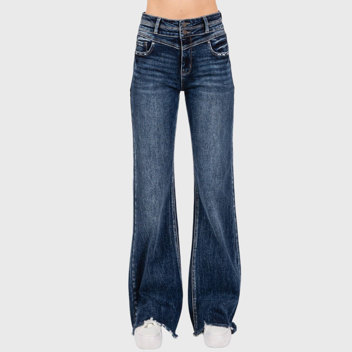 P1153F-DM HIGH RISE STRETCH  WIDE LEG FLARE W/ FRAYED HEM: #2