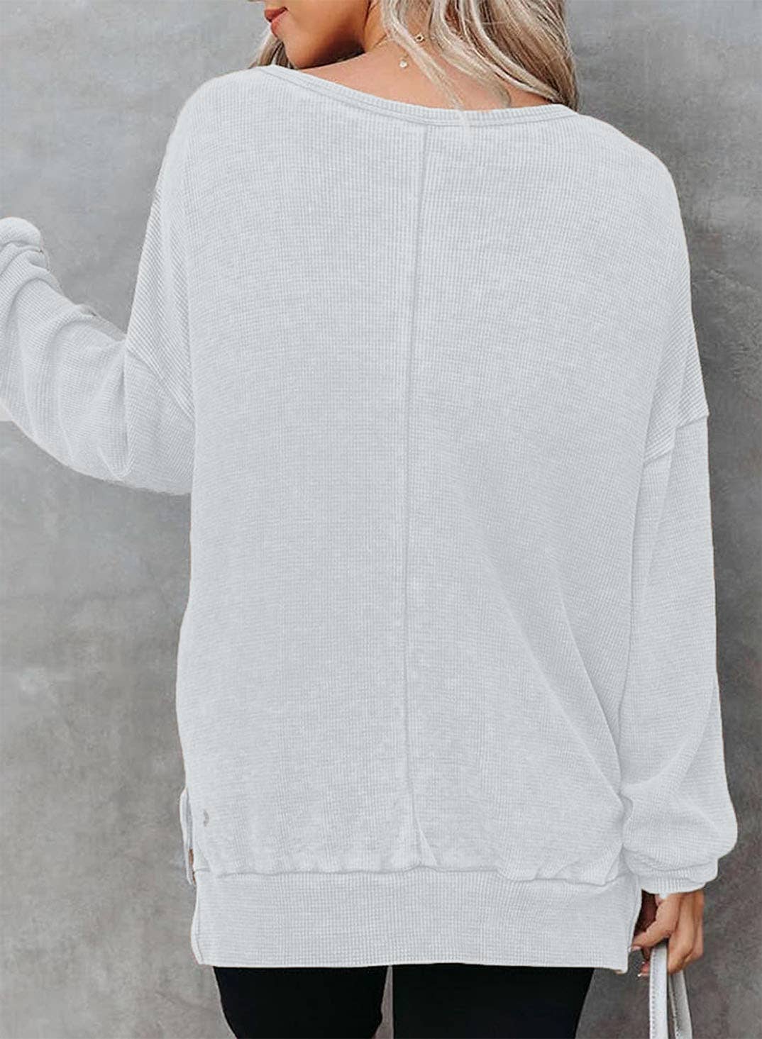 Solid Waffle Knit Pullover Oversized Crew Neck Top: Grey / 35%Cotton+65%Polyester / S