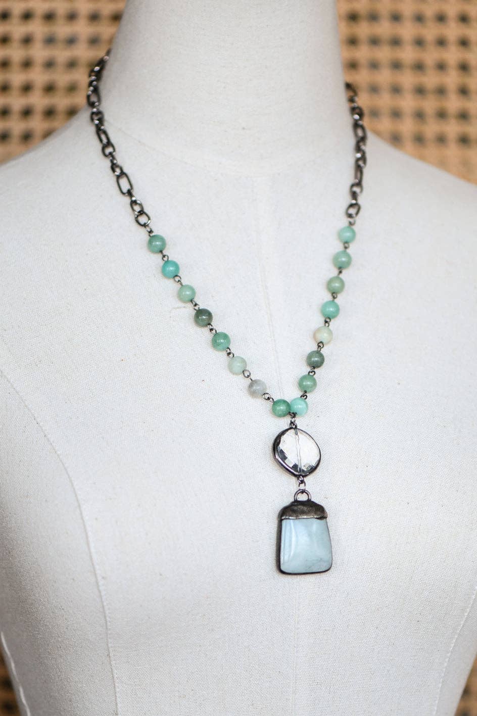 Natural Stone Pendant Beaded Chain Link Necklace - 6463: S0OX3T6463 Amazonite