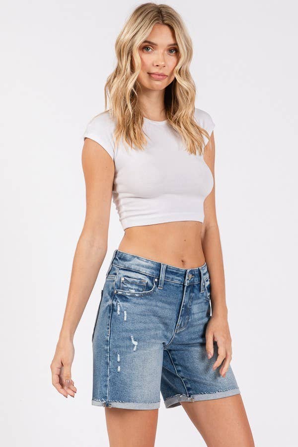 P1329R-MD MID RISE STRETCH 7-INCH MIDI SHORTS W/ CUFFED HEM