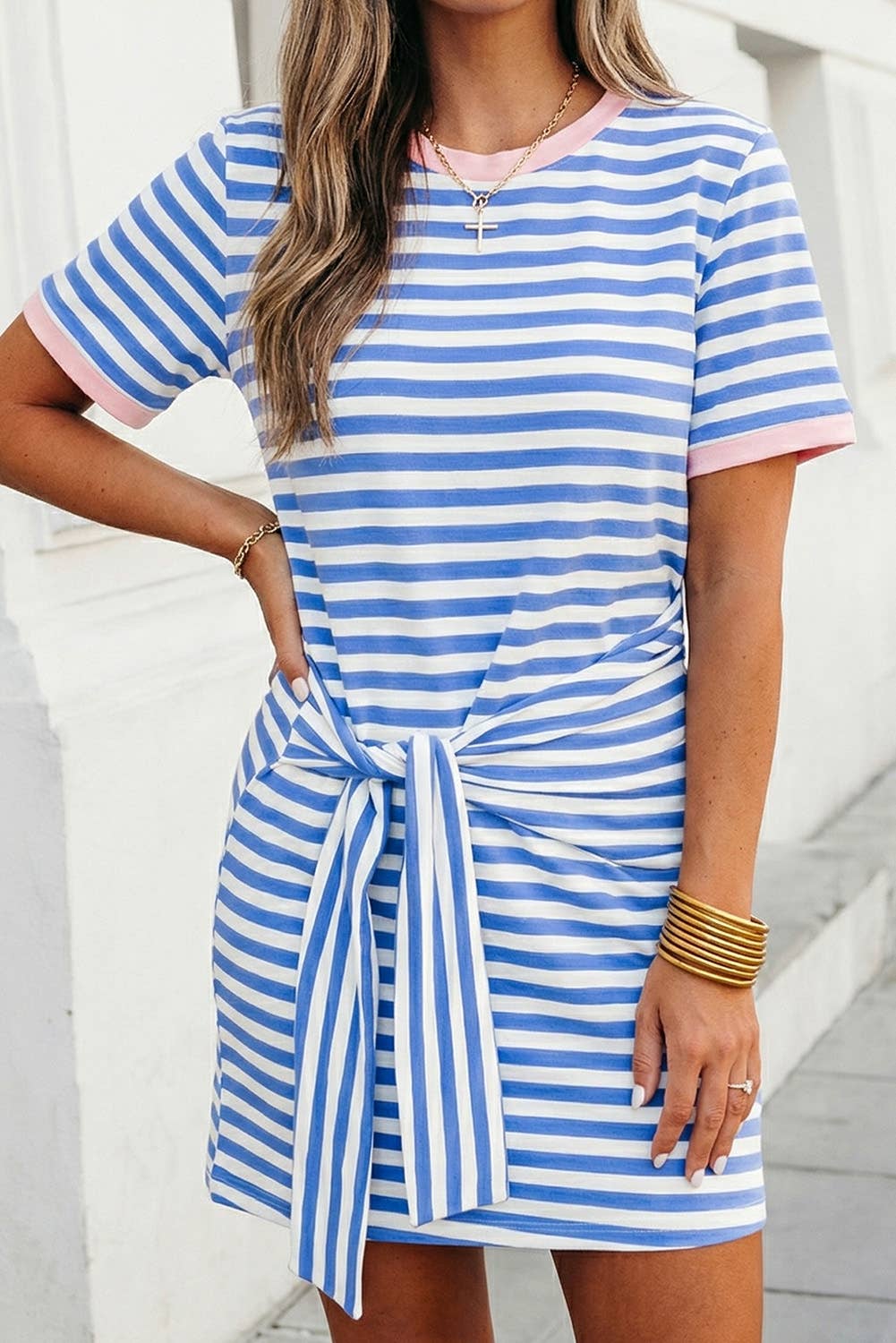 Striped Print Tie Waist T Shirt Mini Dress