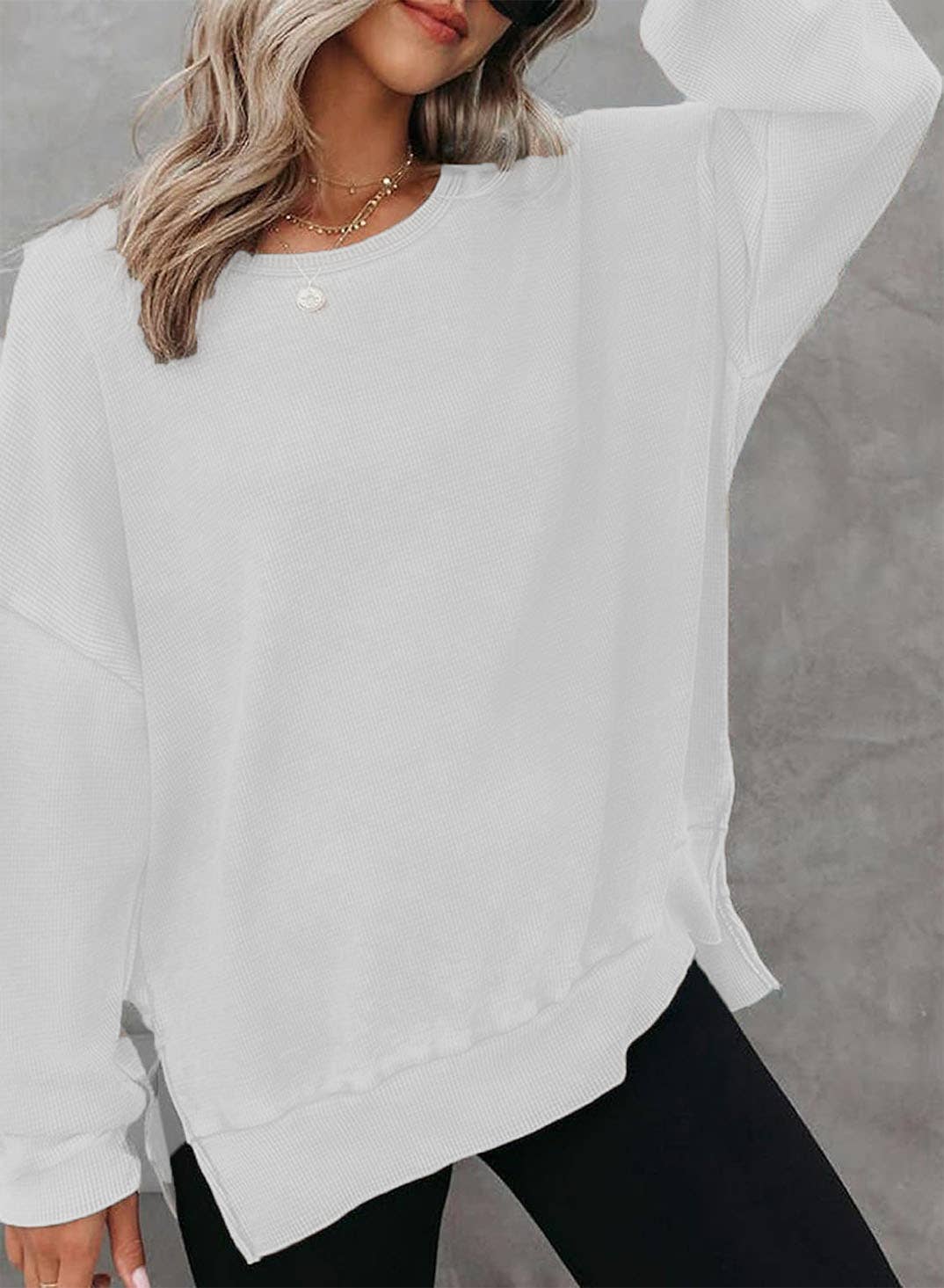 Solid Waffle Knit Pullover Oversized Crew Neck Top: Grey / 35%Cotton+65%Polyester / S