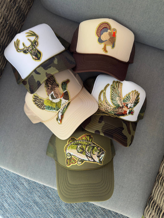 Backwoods Bougie Sequin Trucker Collection: Camo/White MALLARD