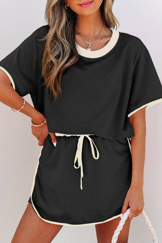 Colorblock Drop Shoulder T Shirt & Skirt Set