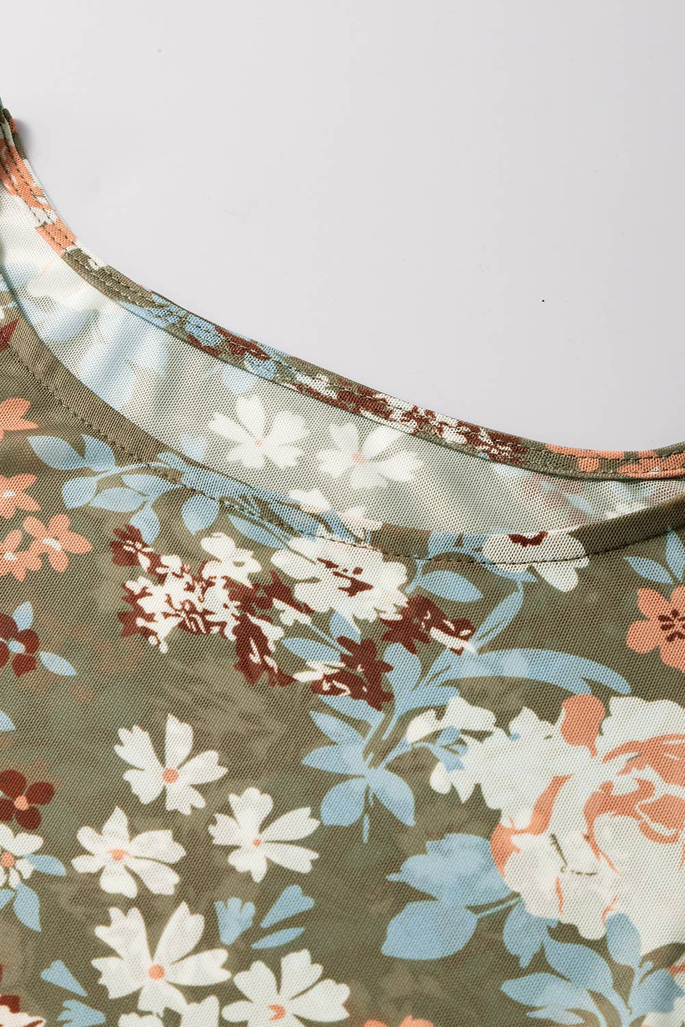 Chic Floral Print Mesh Long Sleeve Top