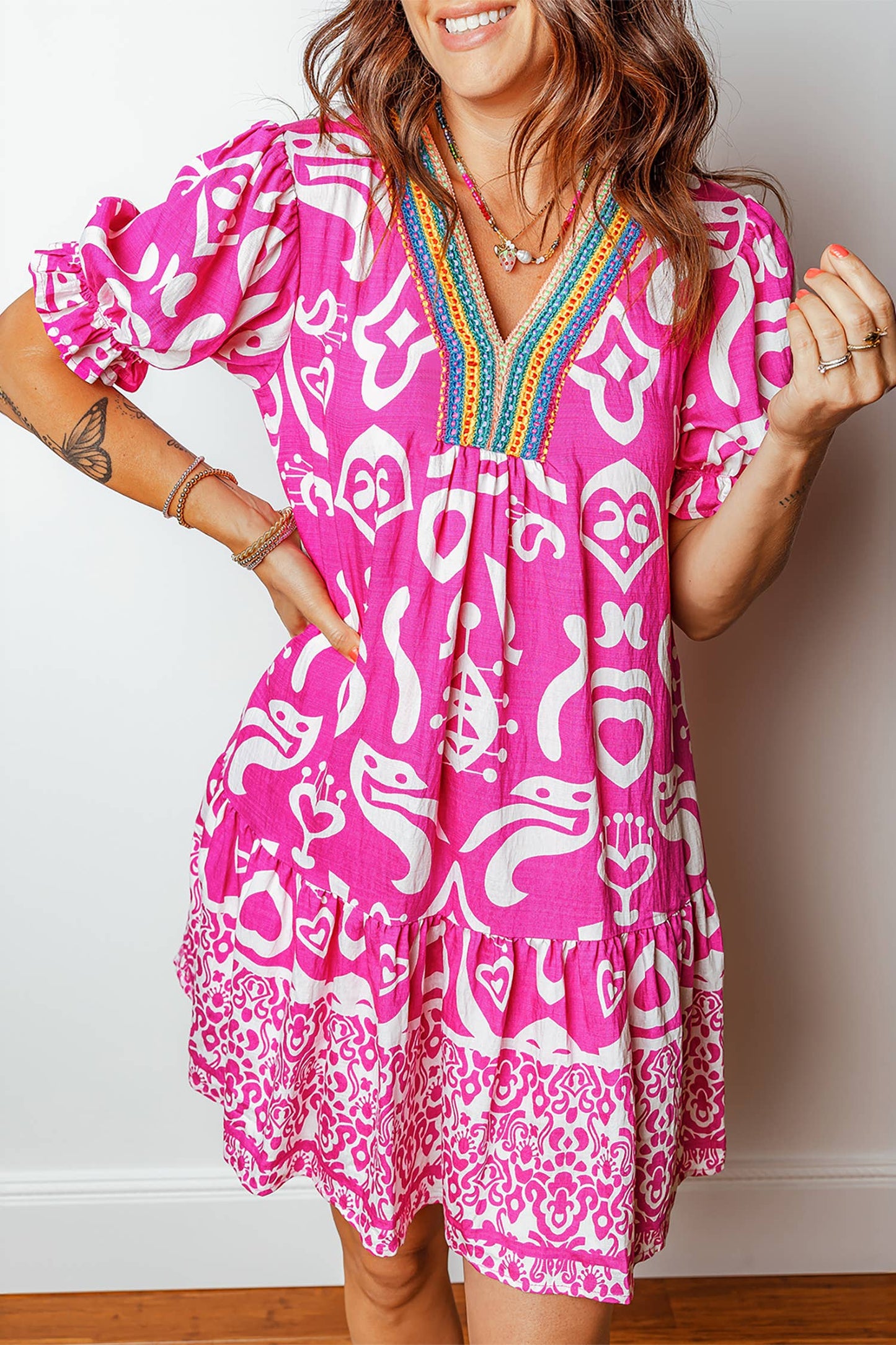 Boho Mixed Print Contrast Trim V Neck Mini Dress