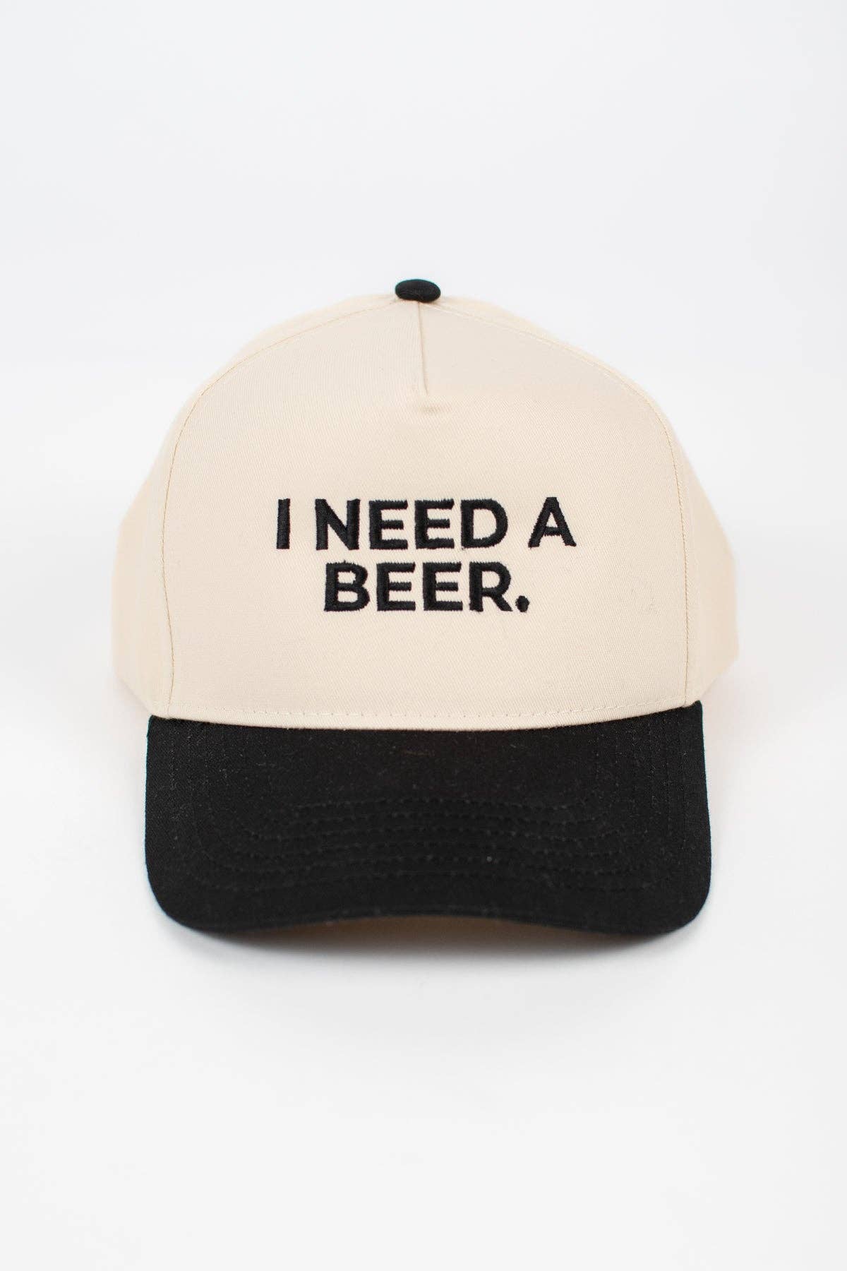 'I Need A Beer.' Embroidered Trucker Hat: Cream/Black