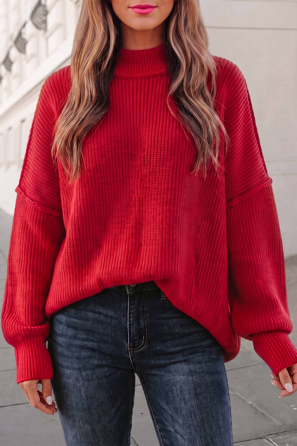 Christmas Mock Neck Puff Sleeve Sweater | S-XL: Red Dahlia