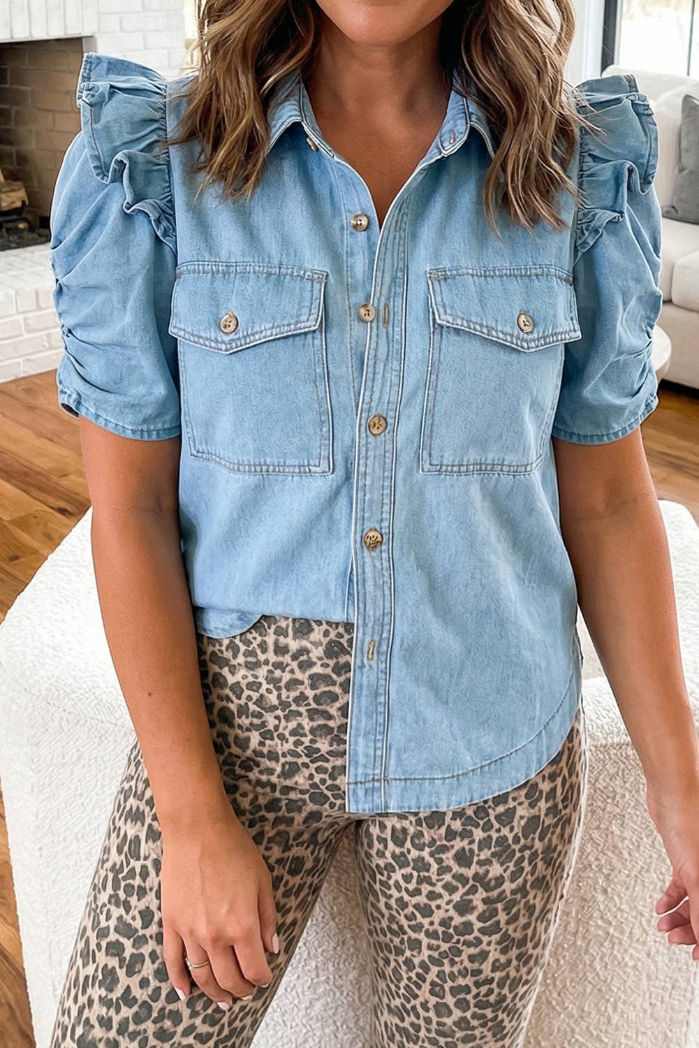Ruffle Detail Button Down Pocket Denim Shirt