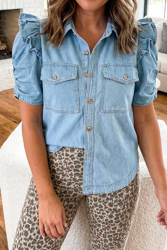 Ruffle Detail Button Down Pocket Denim Shirt