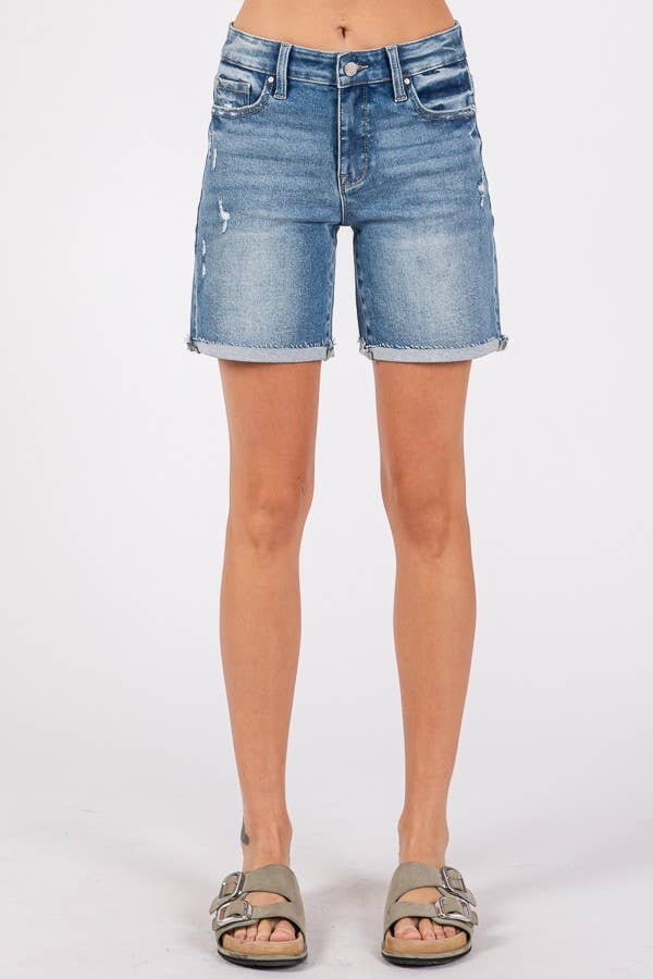 P1329R-MD MID RISE STRETCH 7-INCH MIDI SHORTS W/ CUFFED HEM
