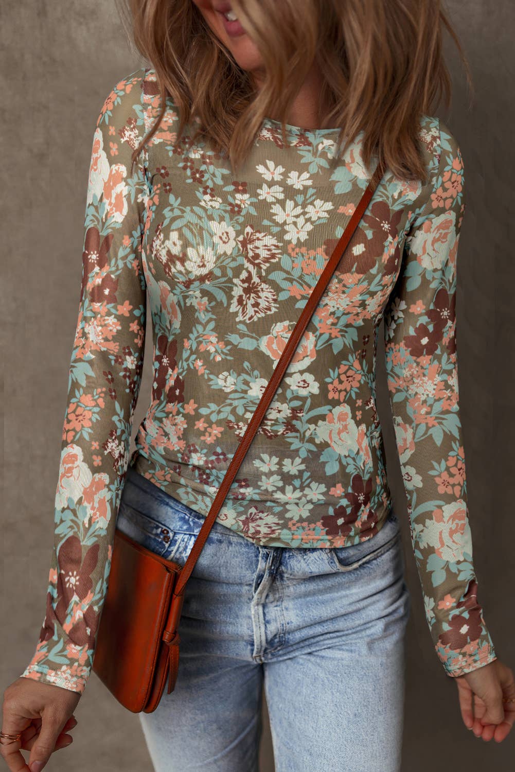 Chic Floral Print Mesh Long Sleeve Top