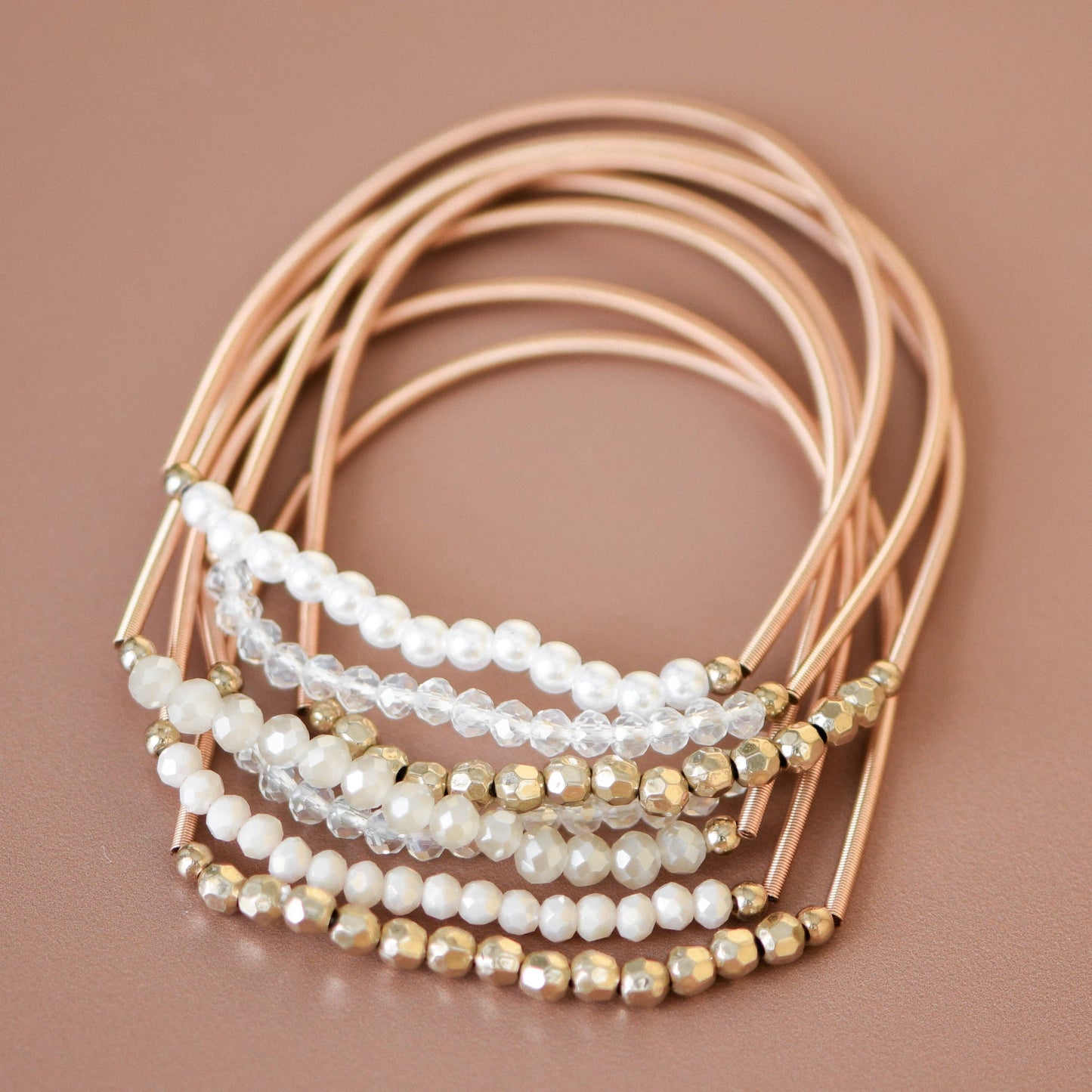 Boho Layered Spring Coil Guitar String Bracelet Set - 6961: S0OX3T6961 White Set
