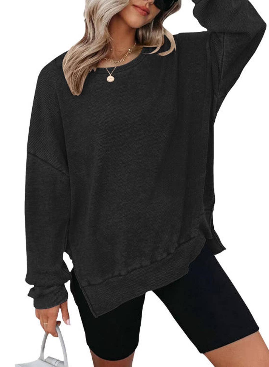 Solid Waffle Knit Pullover Oversized Crew Neck Top: Grey / 35%Cotton+65%Polyester / S