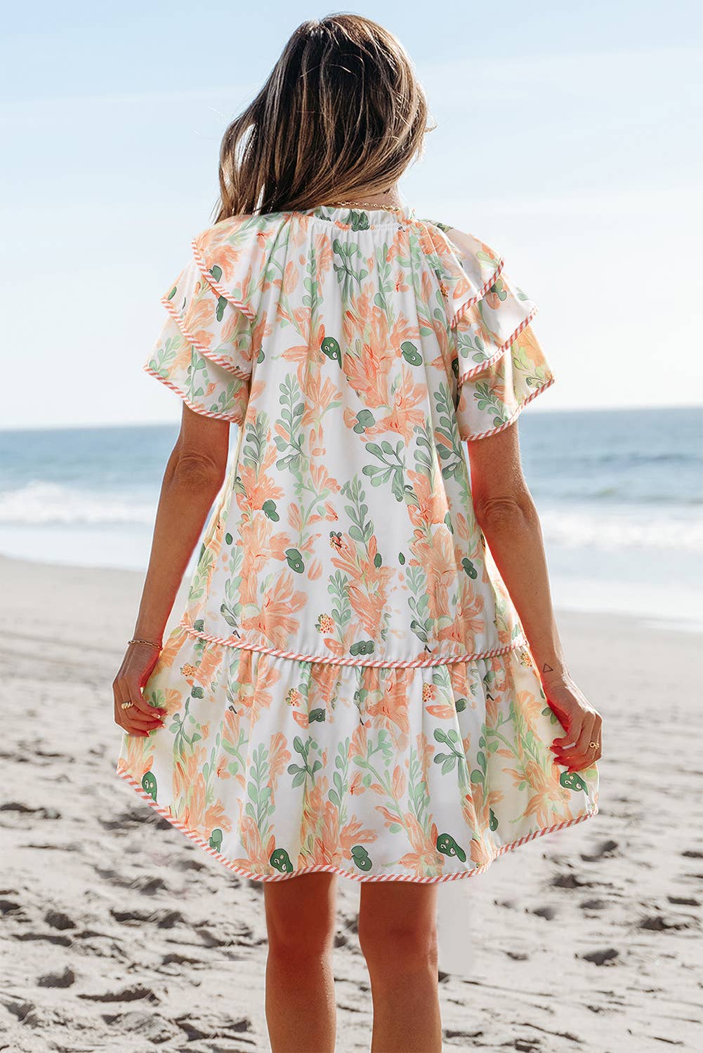 Floral Contrast Edge Tied Neck Mini Dress