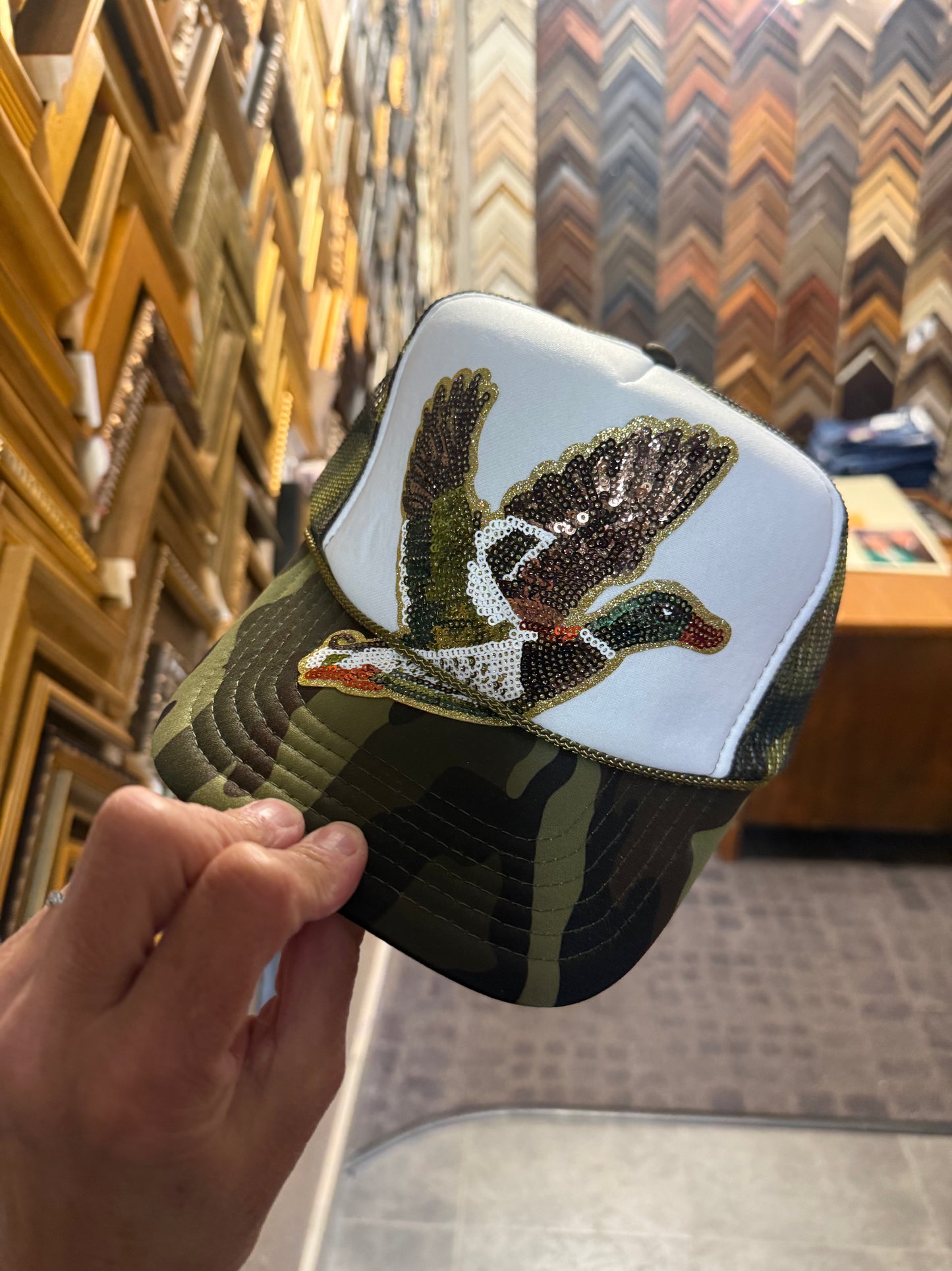Backwoods Bougie Sequin Trucker Collection: Camo/White MALLARD