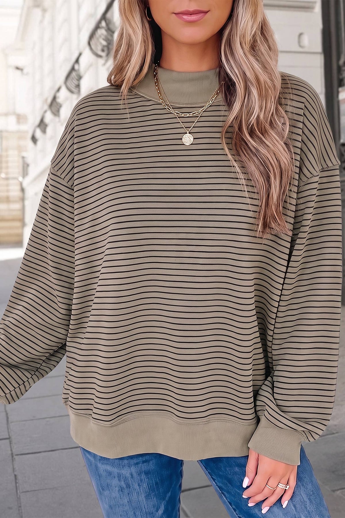 Striped Mock Neck Oversized Sweatshirt | S-XL : Green Stripe / M