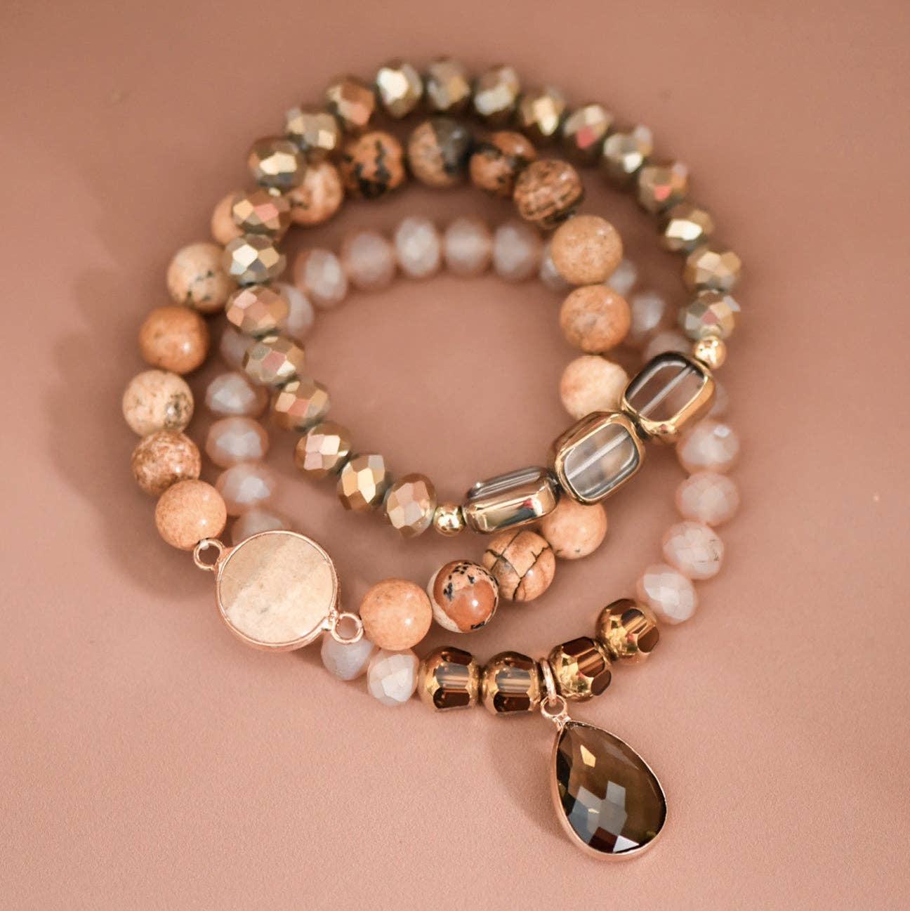 Boho Beaded Bracelet Set with Mixed Natural Stones – 8058: S0OX3T8058
