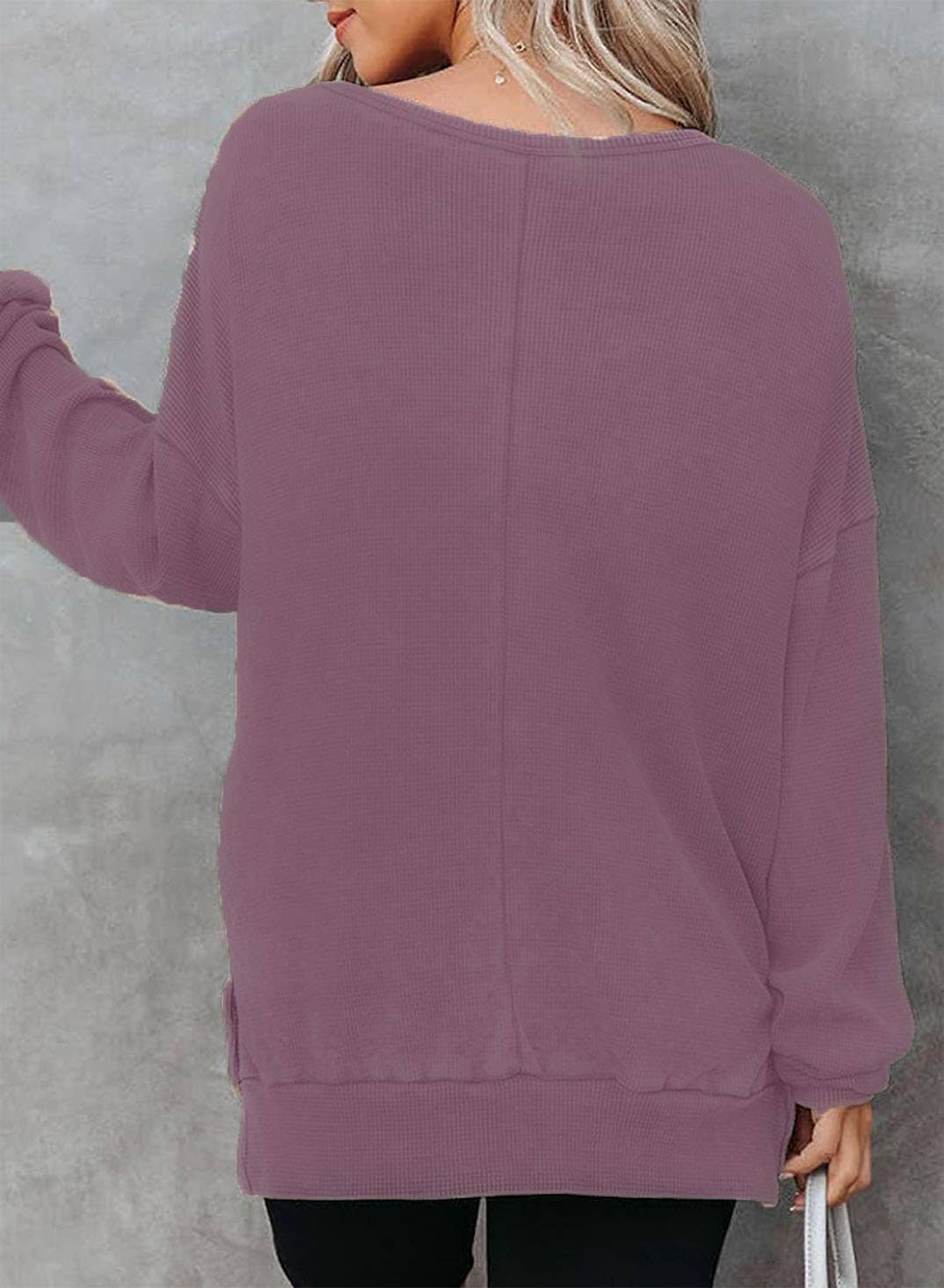 Solid Waffle Knit Pullover Oversized Crew Neck Top: Grey / 35%Cotton+65%Polyester / S