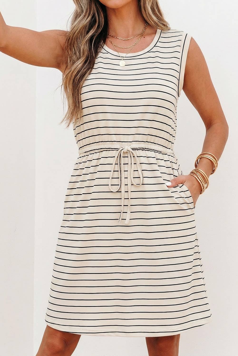Stripe Drawstring Tunic Tank Mini Dress