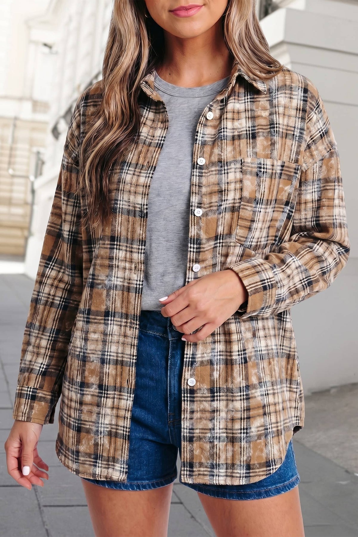 Western Plaid Collared Long Sleeve Shirts Brown