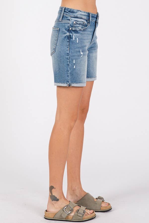 P1329R-MD MID RISE STRETCH 7-INCH MIDI SHORTS W/ CUFFED HEM