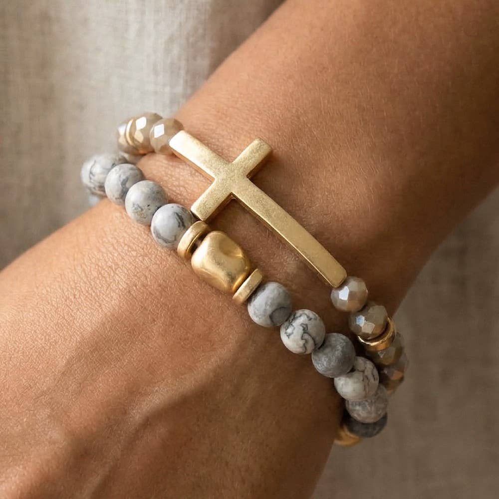 Cross Charm Stone Beaded Bracelet Set: LPEWG