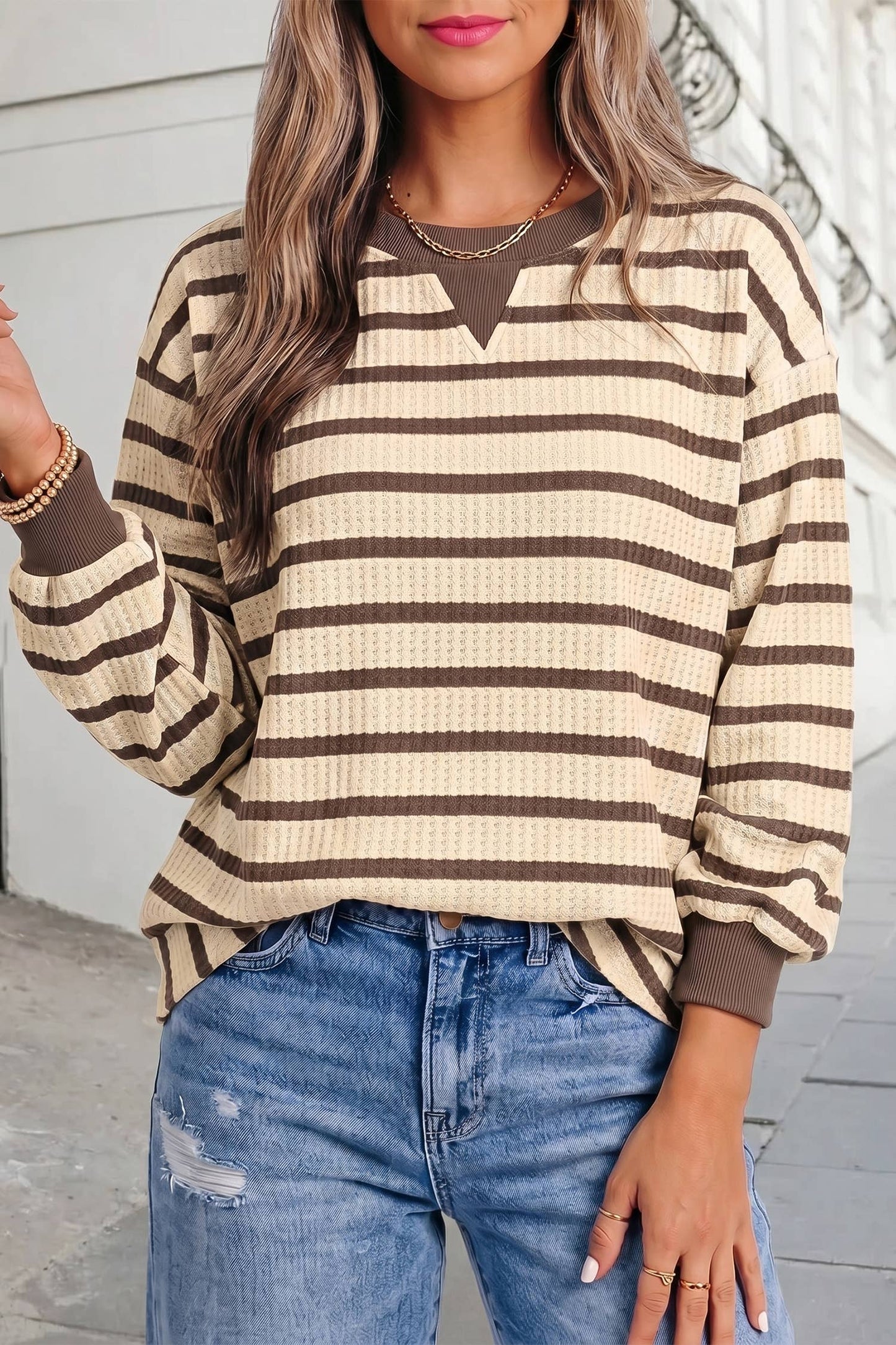 Striped Print Ribbed Cuff Casual Pullover Top | S-XL: Brown Stripe / M
