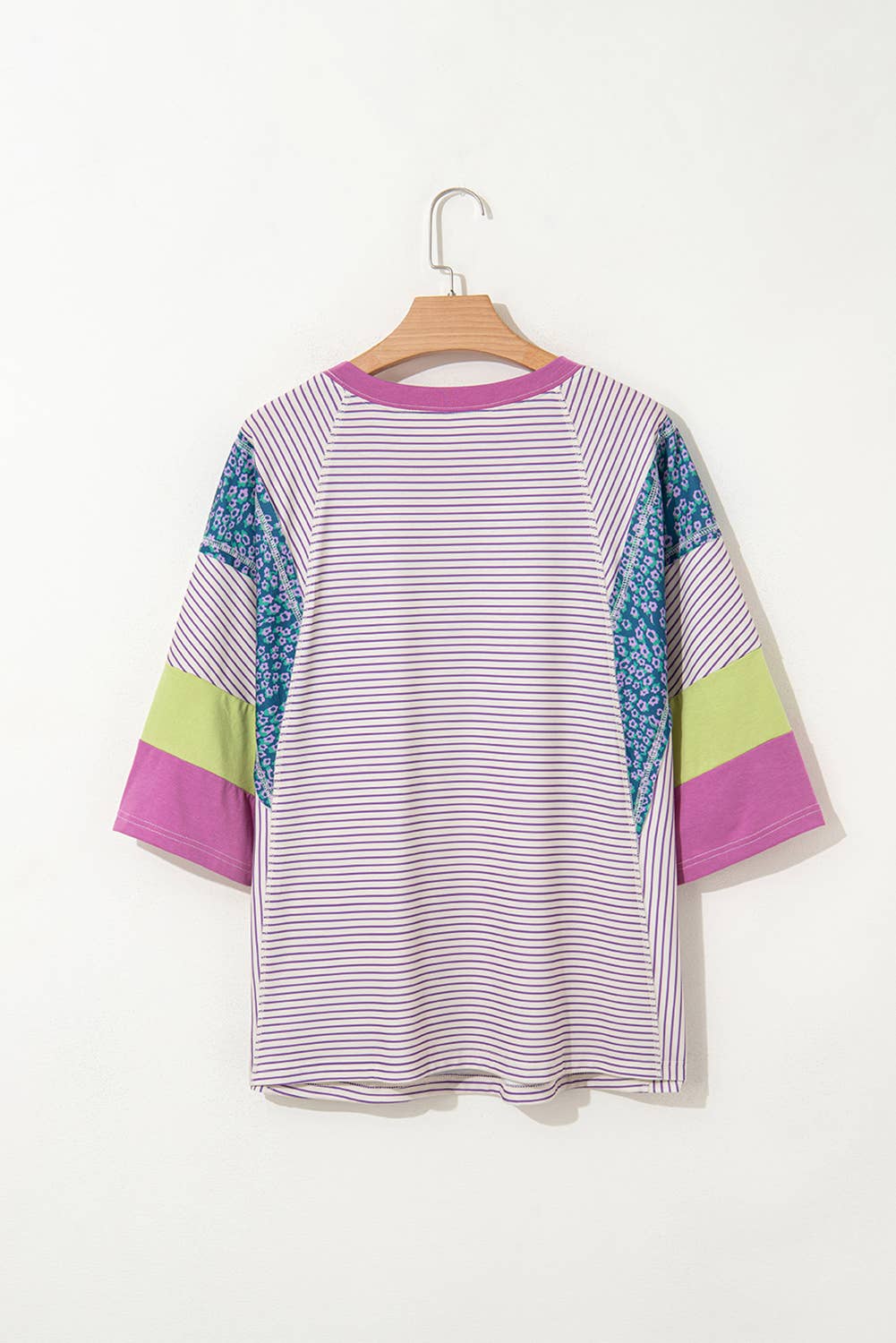 Stripe Floral Raw Edge Patchwork Bracelet Sleeve Top