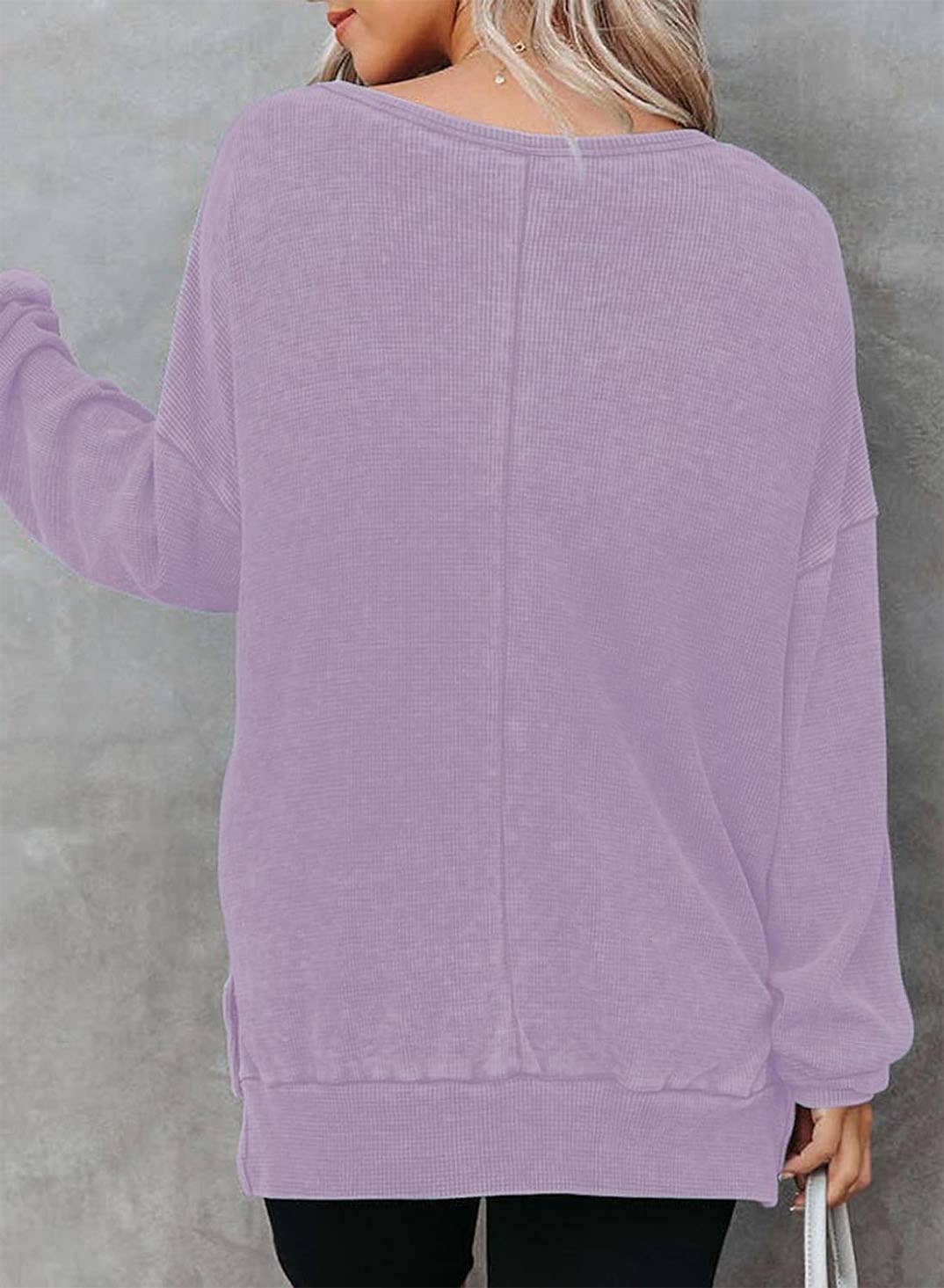 Solid Waffle Knit Pullover Oversized Crew Neck Top: Grey / 35%Cotton+65%Polyester / S
