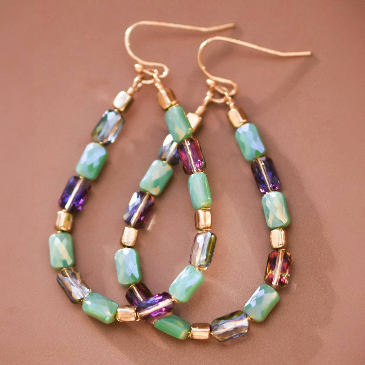 Teardrop Wire Beaded Glass Crystal Earrings - 7278: S0OX3T7278 Turquoise
