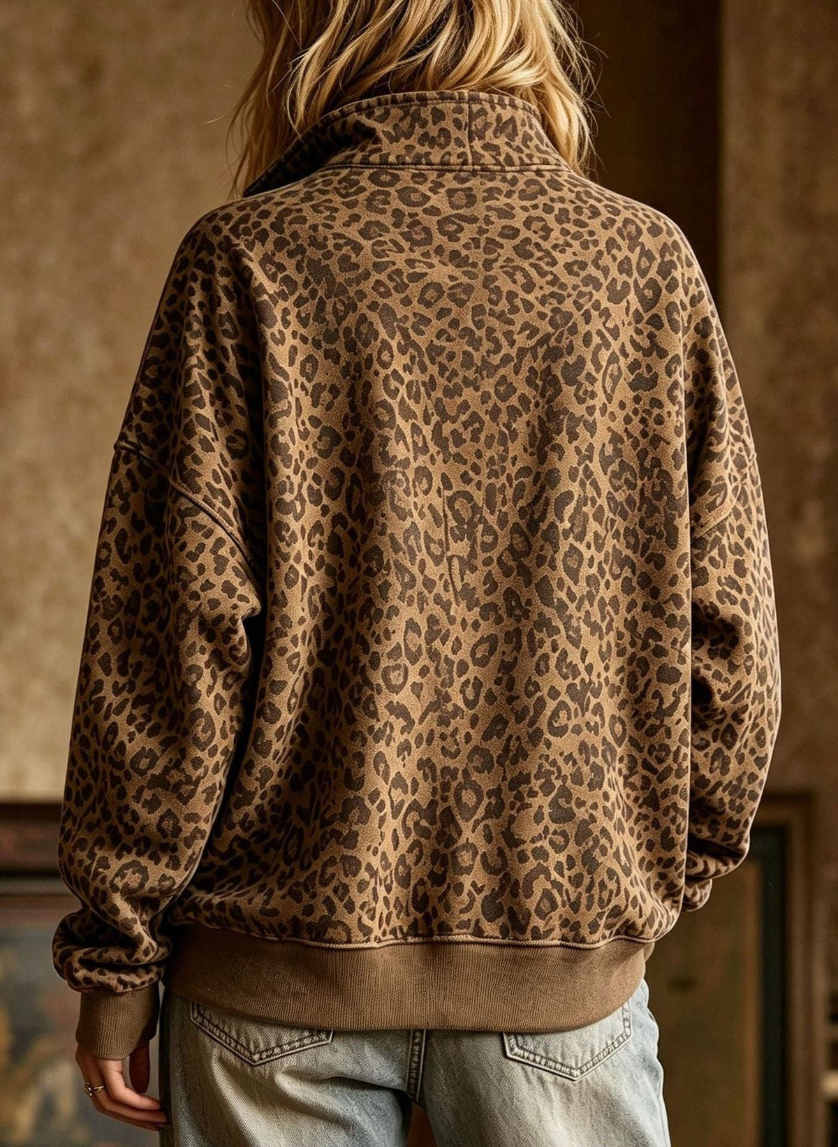 Leopard Print Half Zip Oversized Pullover Sweatshirt: Coffee / 95%Polyester 5%Elastane