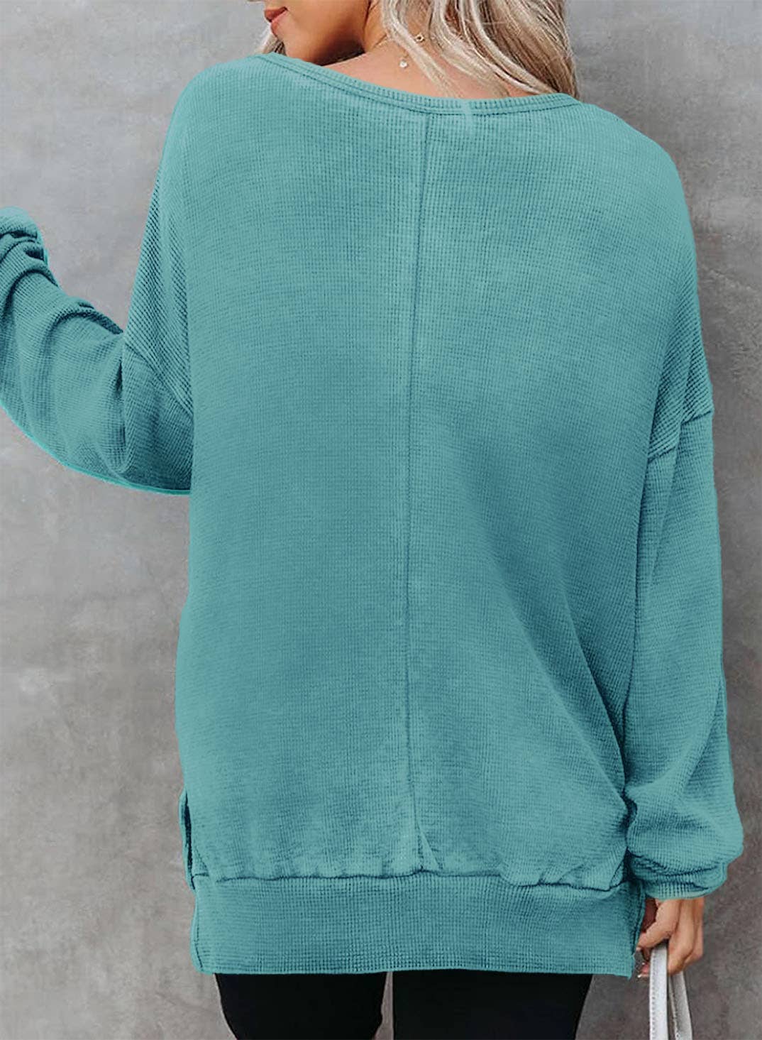 Solid Waffle Knit Pullover Oversized Crew Neck Top: Grey / 35%Cotton+65%Polyester / S