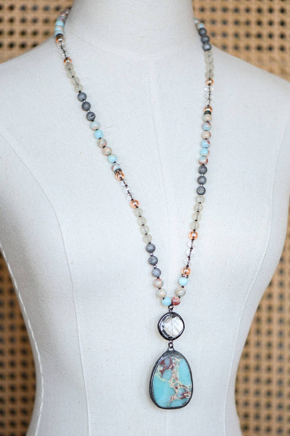 Natural Stone Bead Necklace with Stone Pendant - 6910: S0OX3T6910