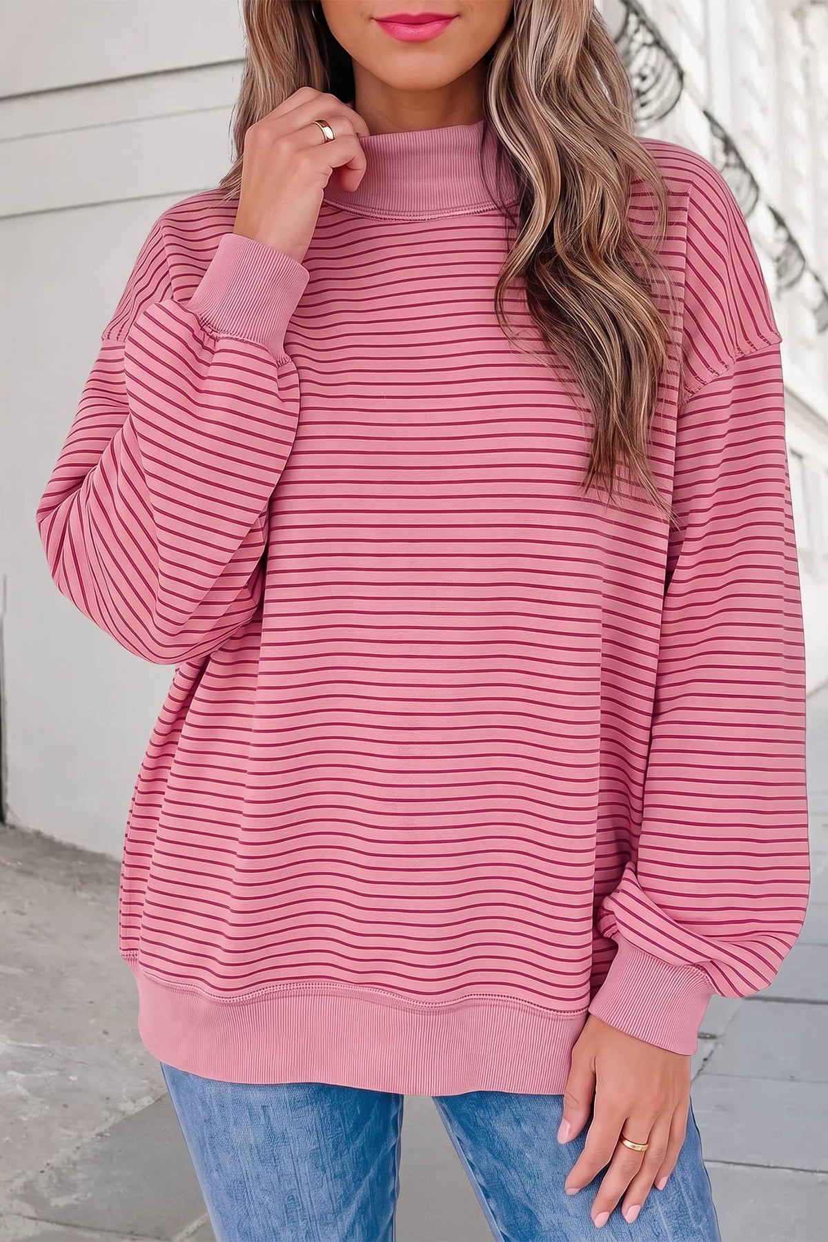 Striped Mock Neck Oversized Sweatshirt | S-XL : Green Stripe / M