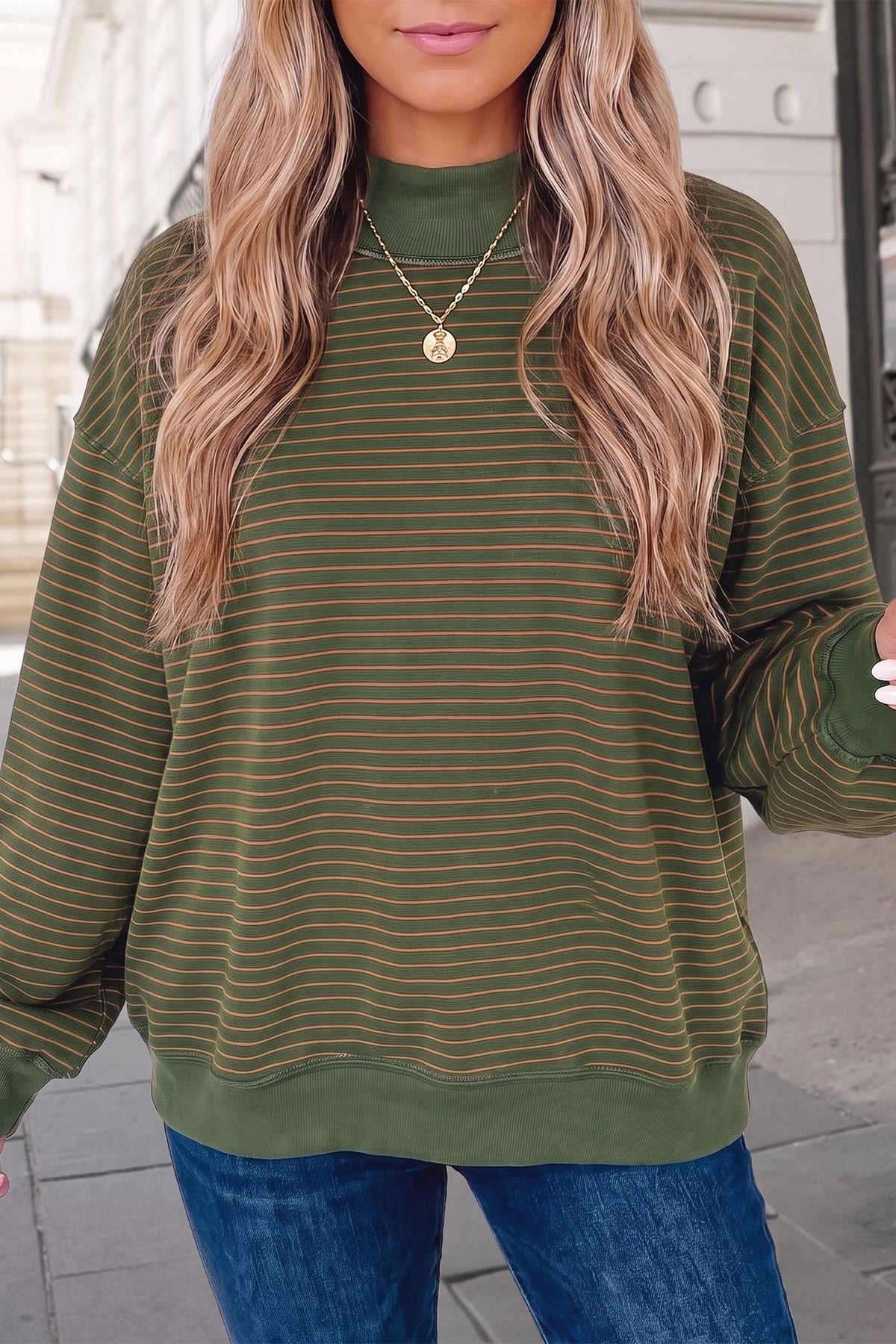 Striped Mock Neck Oversized Sweatshirt | S-XL : Green Stripe / L