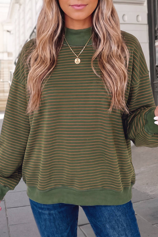 Striped Mock Neck Oversized Sweatshirt |Green with orange stripes