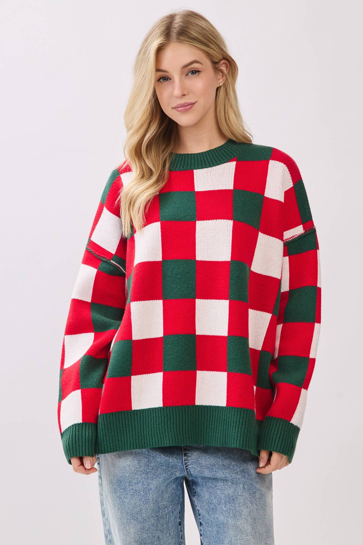 Oversized Buffalo Check Christmas Sweater: RED COMBO
