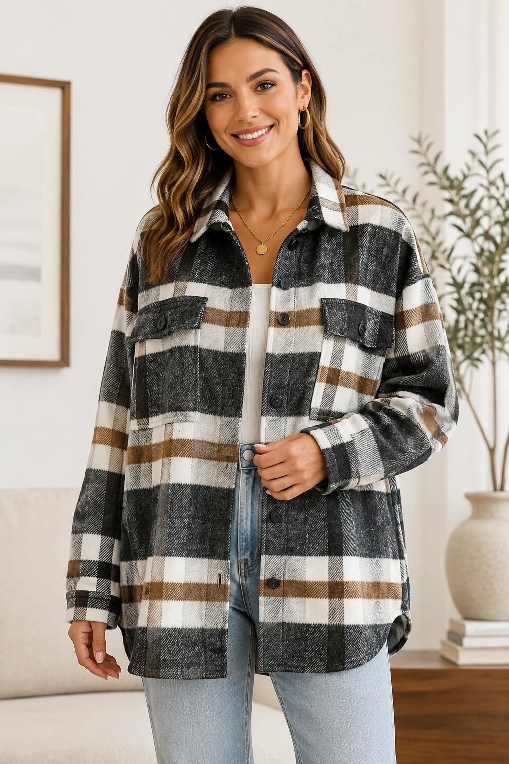 Green Plaid Button Flannel Shirt Jacket: Navy blue / 100%Polyester