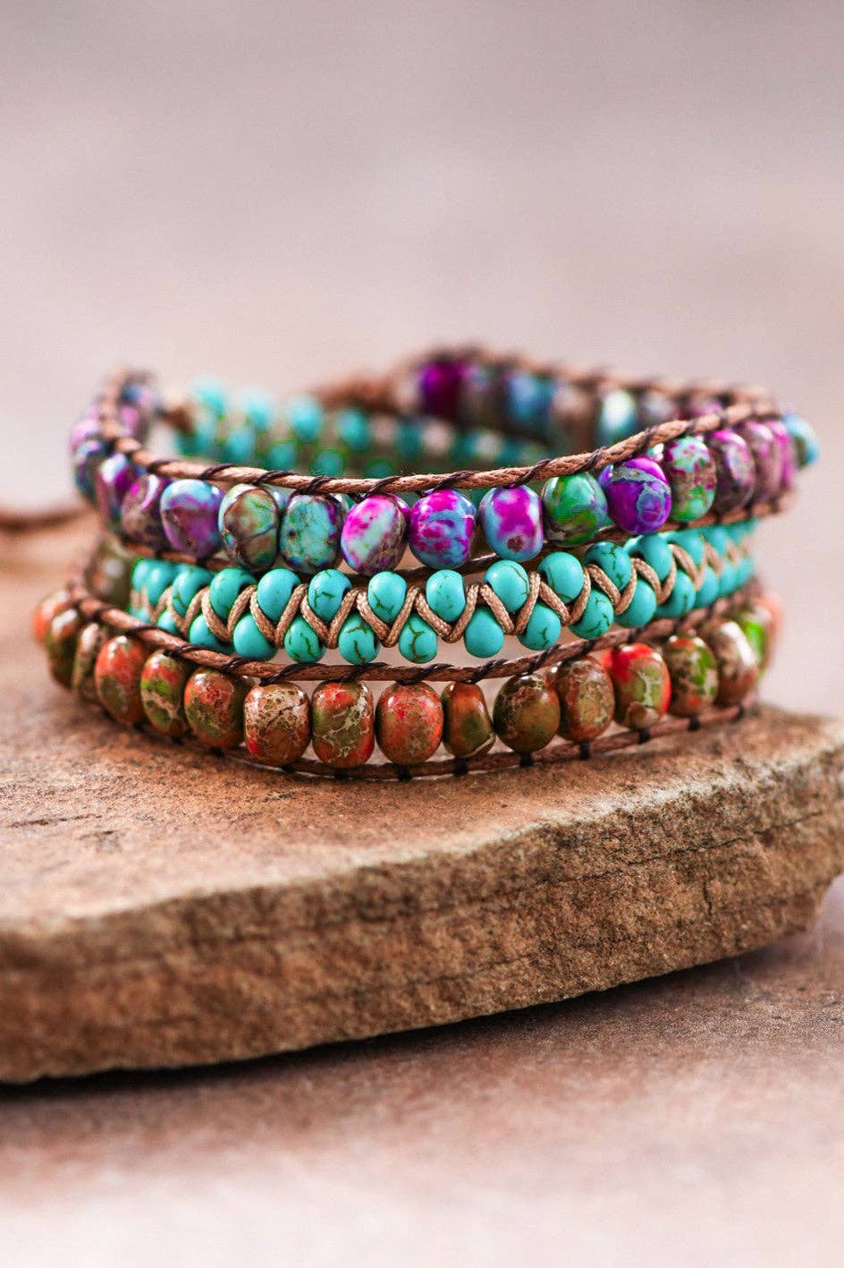 Leather Cord Wrap Bracelet, Healing Stone Bracelet - 7509: S0OX3T7509