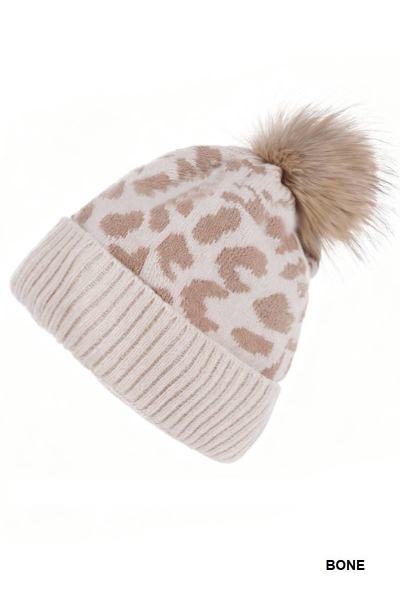 Leopard Pattern Knit Pom Pom Beanie: 1(ONE SIZE)