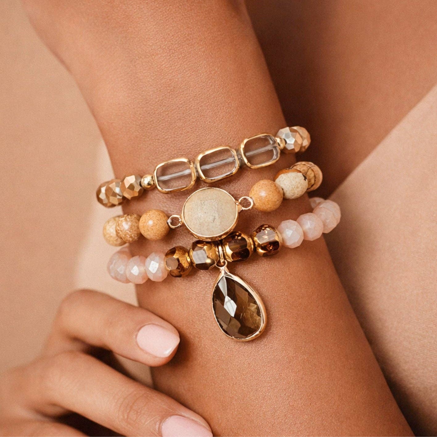Boho Beaded Bracelet Set with Mixed Natural Stones – 8058: S0OX3T8058