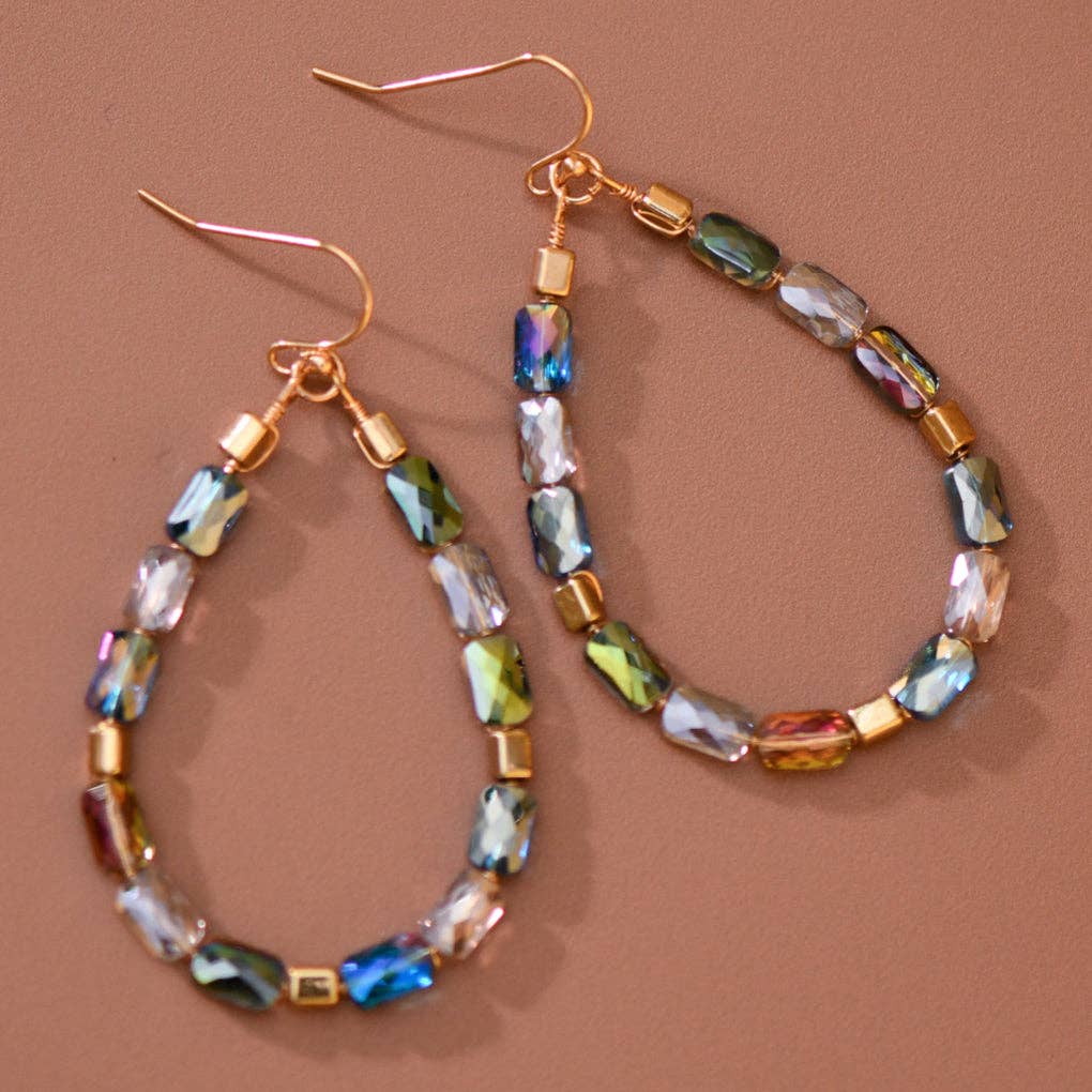 Teardrop Wire Beaded Glass Crystal Earrings - 8179: S0OX3T8179 Green Mix
