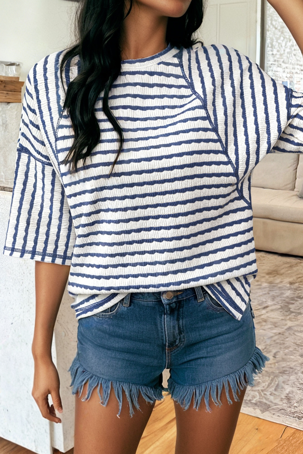 Texture Stripe Knit Half Sleeve Top | S-XL Plus