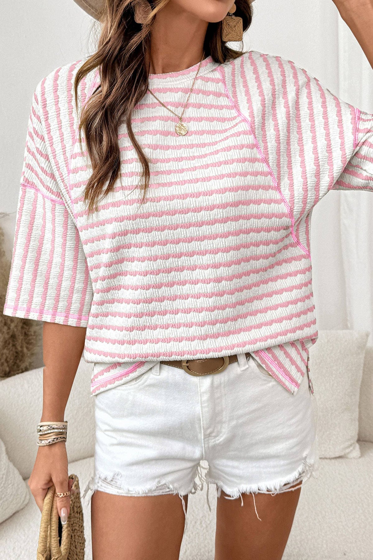 Texture Stripe Knit Half Sleeve Top | S-XL Plus