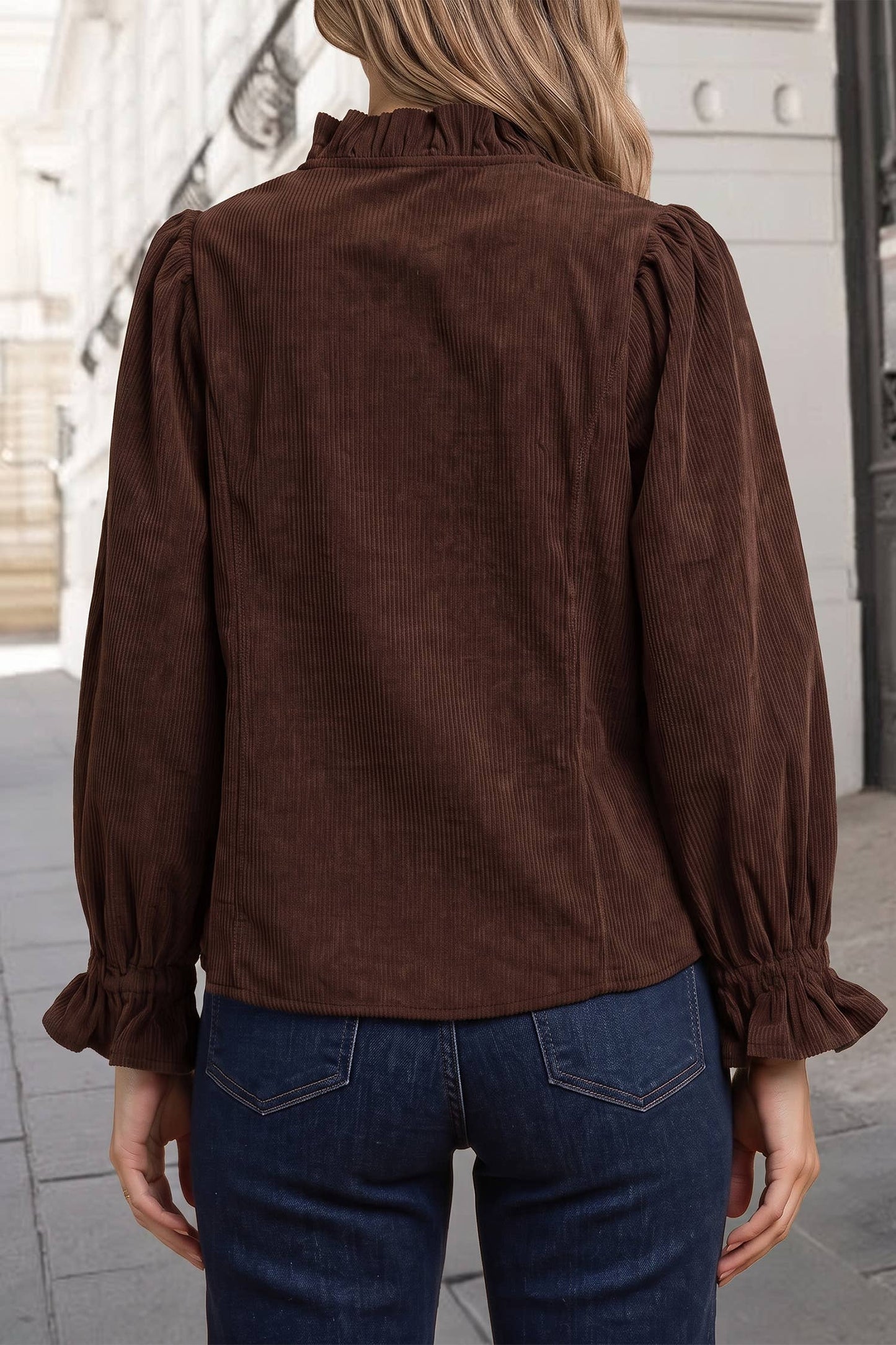 Solid Ruffle Trim V Neck Button Corduroy Shakcet | S-XL: Coffee / L