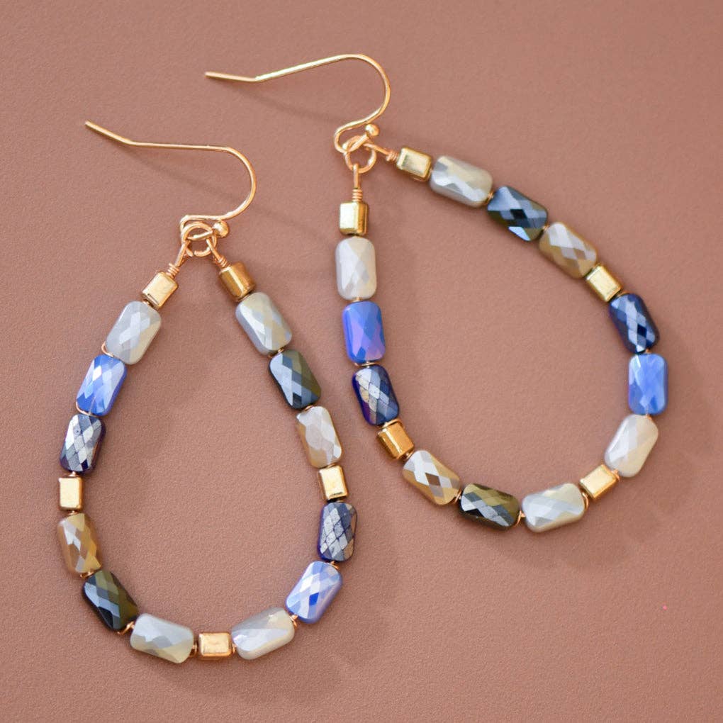 Teardrop Wire Beaded Glass Crystal Earrings - 8181: S0OX3T8181 Blue Mix